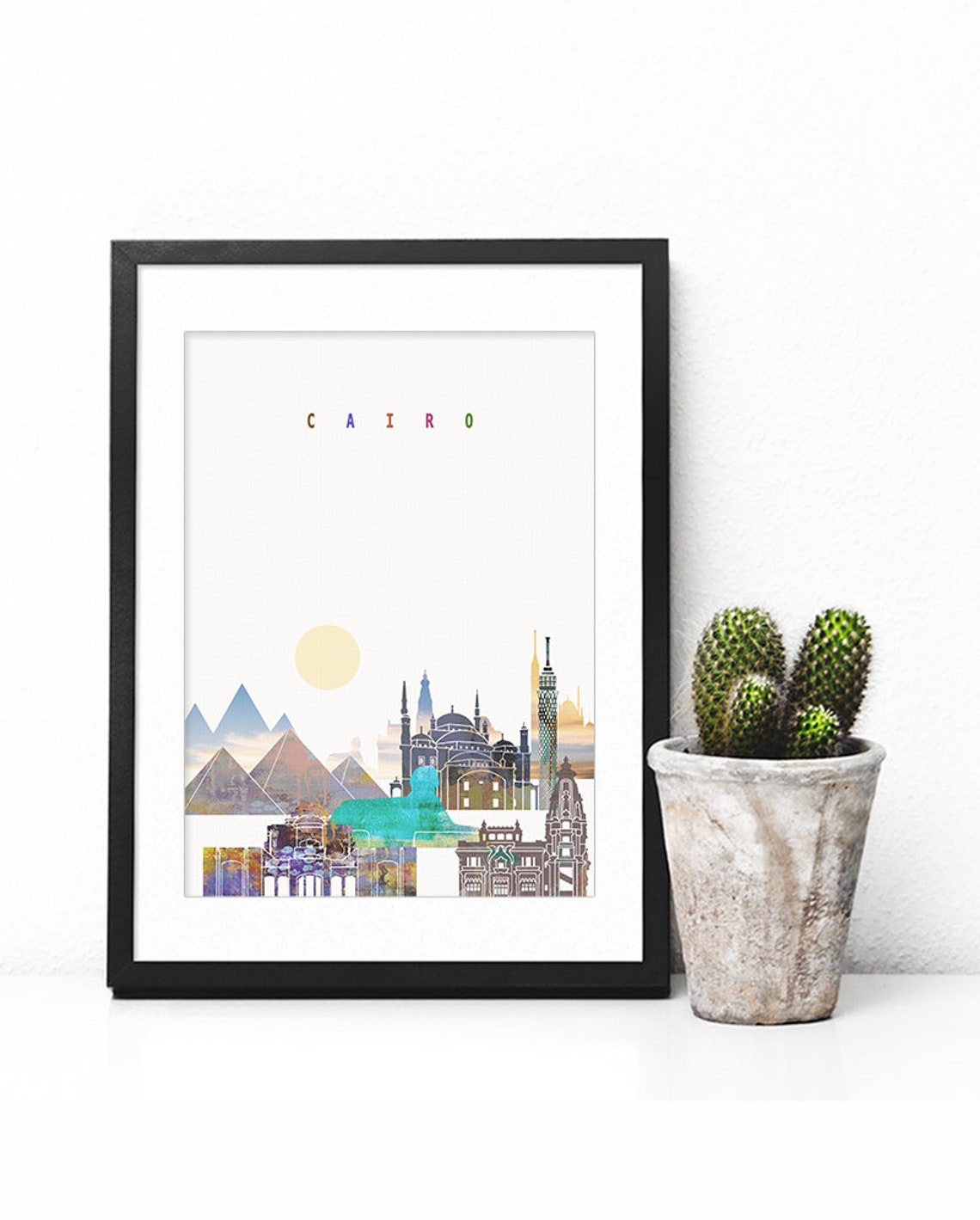 Cairo Egypt Pyramids And Sphinx Colorful Desert Skyline Art Poster - Image 2