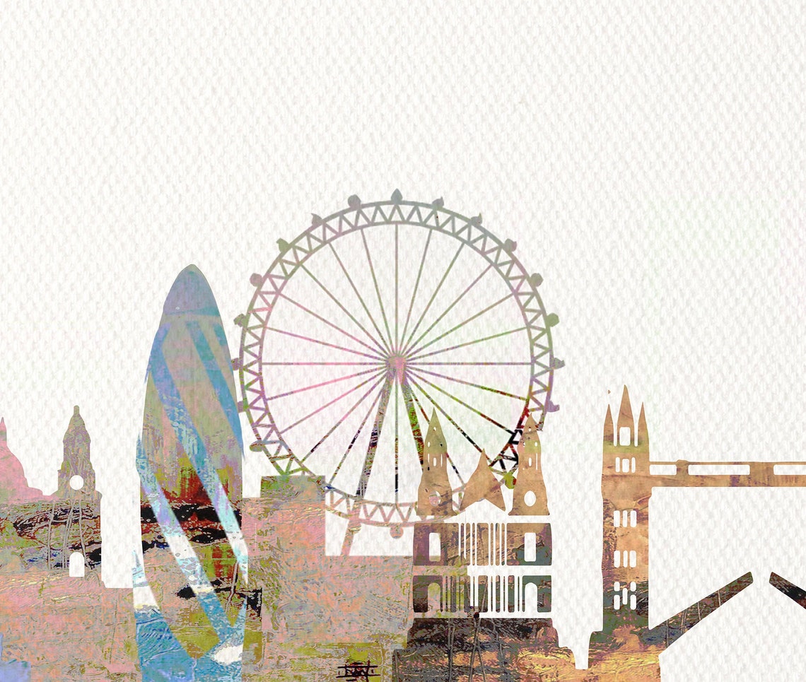 London England Watercolor Skyline Landmarks Cityscape Poster - Image 2
