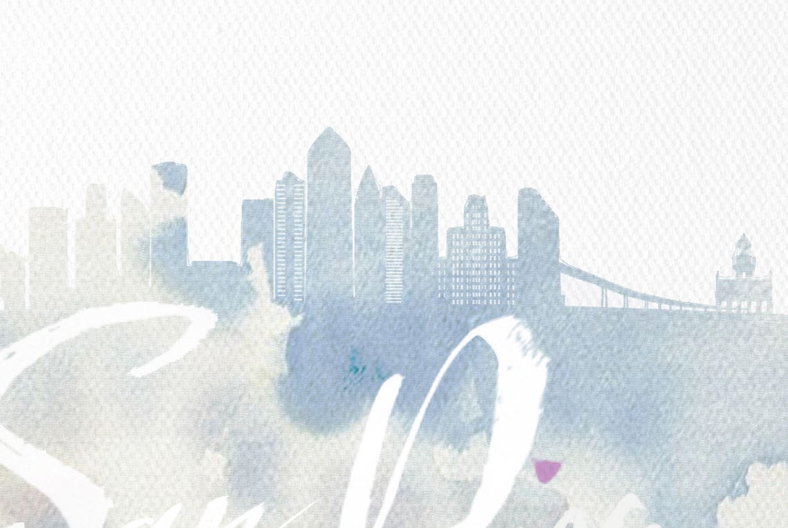 San Diego Watercolor Skyline White Script Pink Heart Modern Poster - Image 2