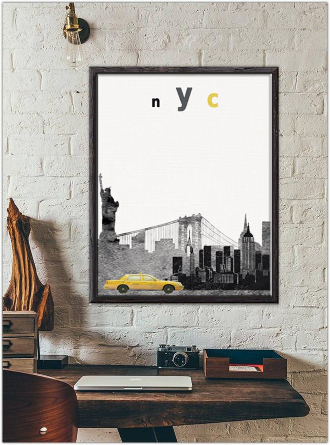 NYC New York Yellow Taxi Black White Skyline Statue Liberty Poster - Image 2