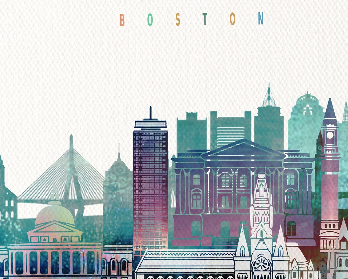 Boston Watercolor City Skyline Modern Home Wall Decor Poster - Image 2