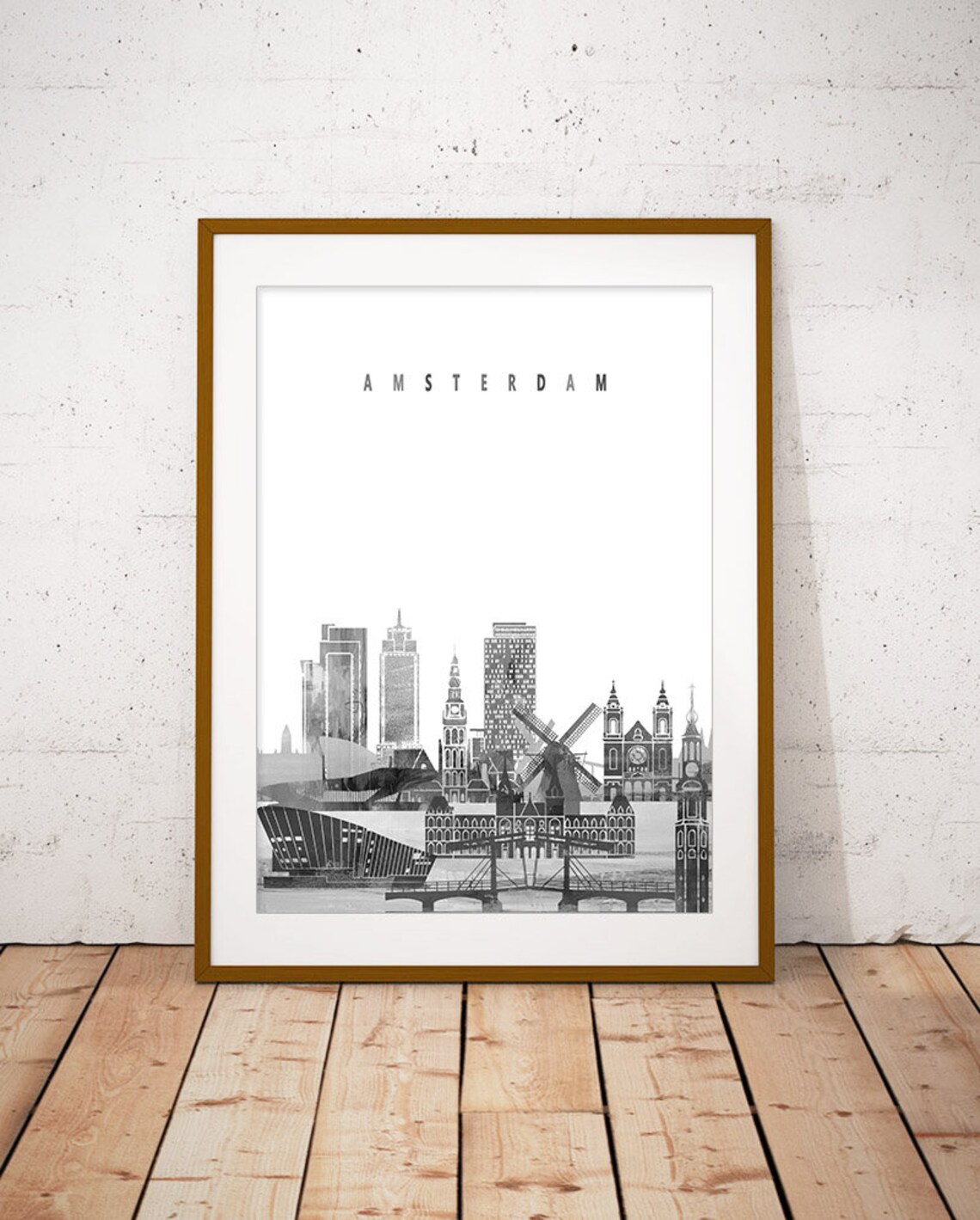Amsterdam Black and White City Skyline Print Home Decor Modern