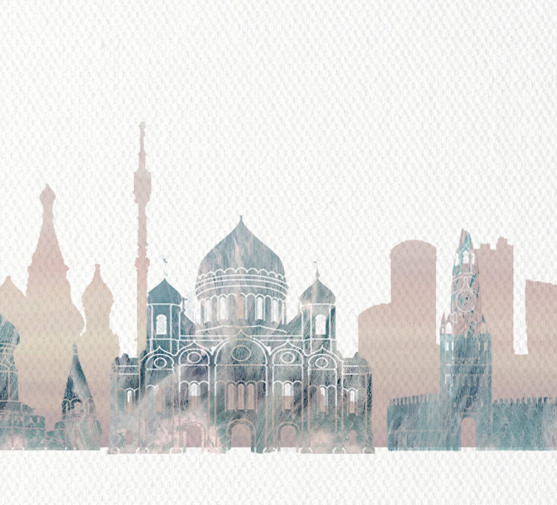 Moscow Russia Watercolor Skyline Onion Domes Pastel Colors Poster - Image 2