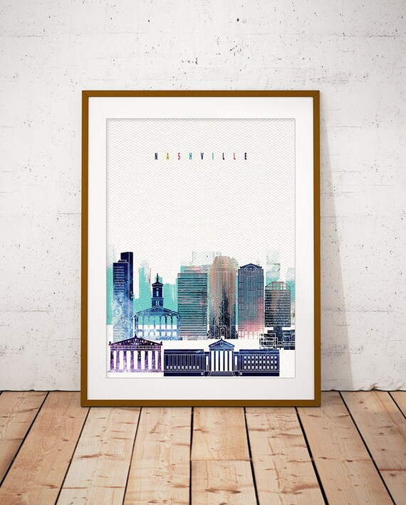 Nashville Tennessee Modern Watercolor City Skyline Art Poster