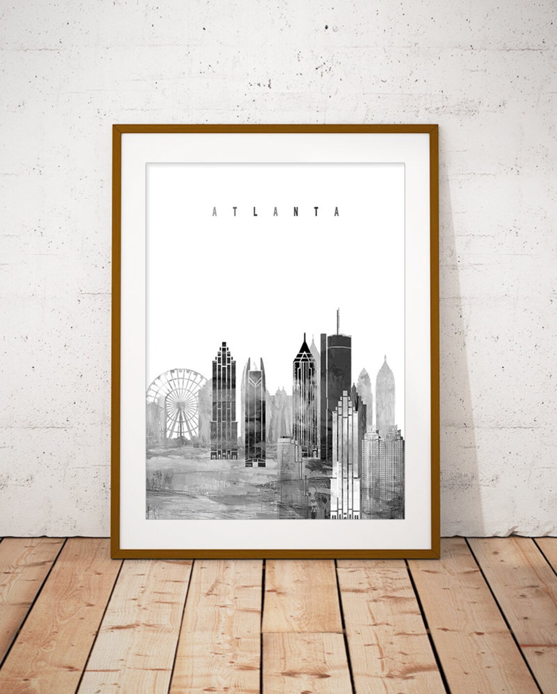 Atlanta Georgia Black White Ferris Wheel Skyline Art Modern Home Decor Poster