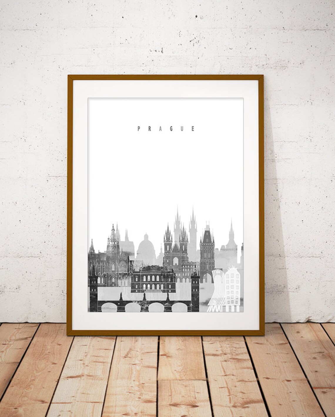 Prague Czechia Black and White Minimalist City Skyline Print