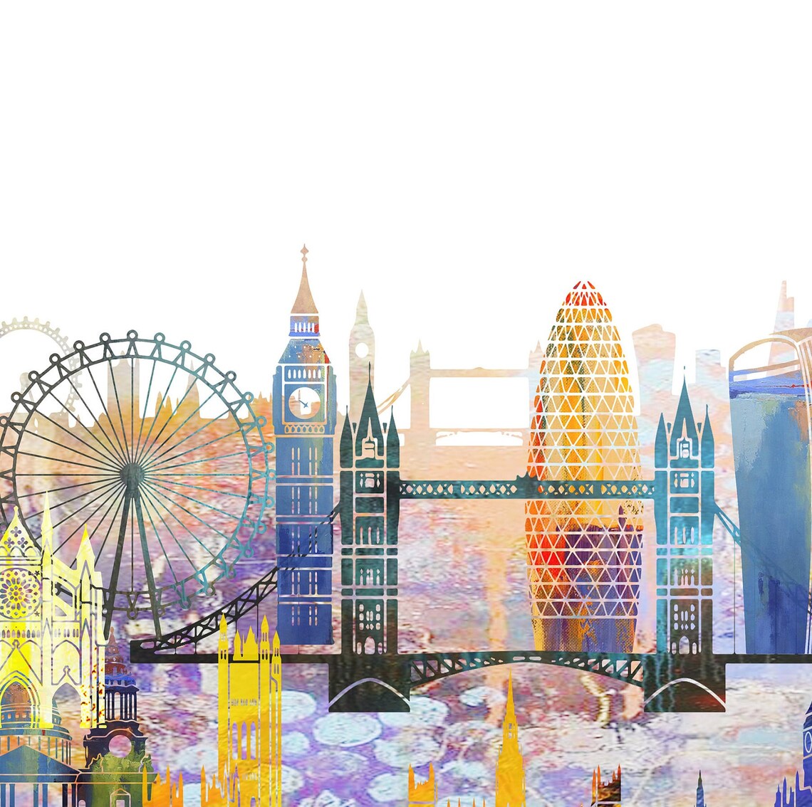 London Watercolor Skyline Landmarks Modern Home Decor Poster - Image 2