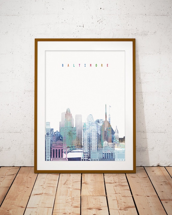 Baltimore Colorful Watercolor City Skyline Pastel Lettering Poster