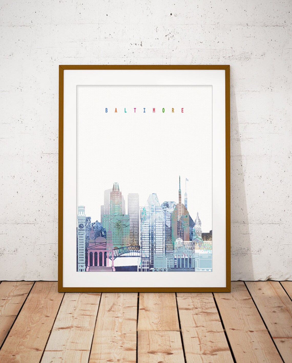 Baltimore Colorful Watercolor City Skyline Pastel Lettering Poster