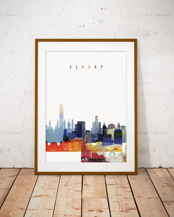 Vibrant Albany Watercolor Skyline Sunset Modern Home Decor Poster