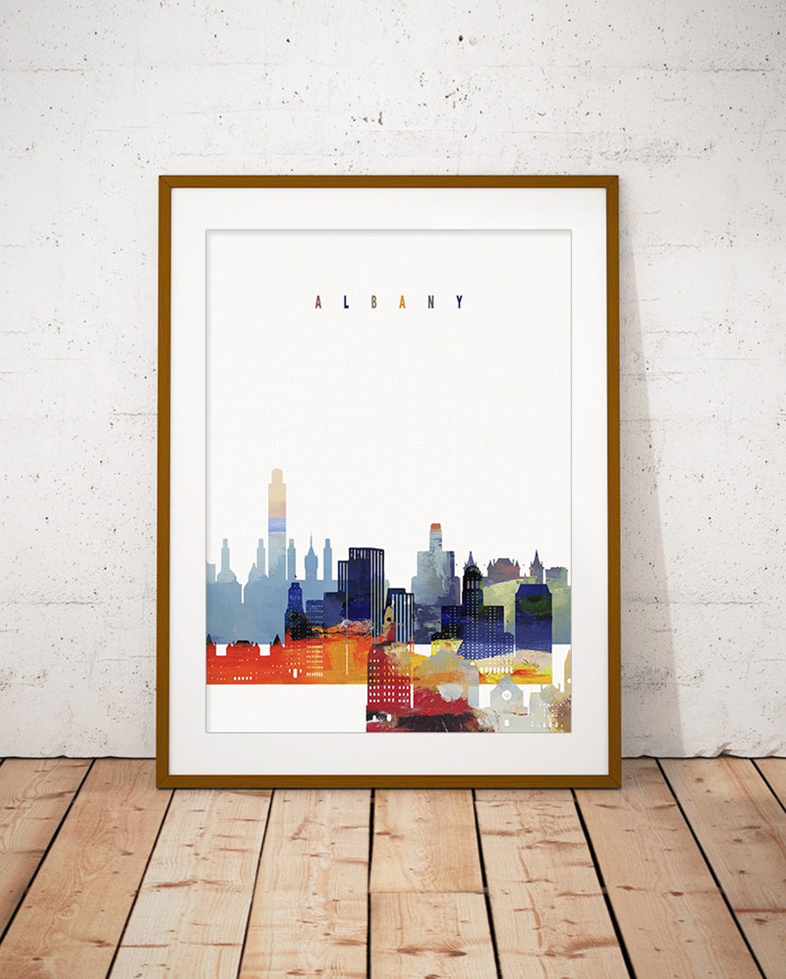 Vibrant Albany Watercolor Skyline Sunset Modern Home Decor Poster