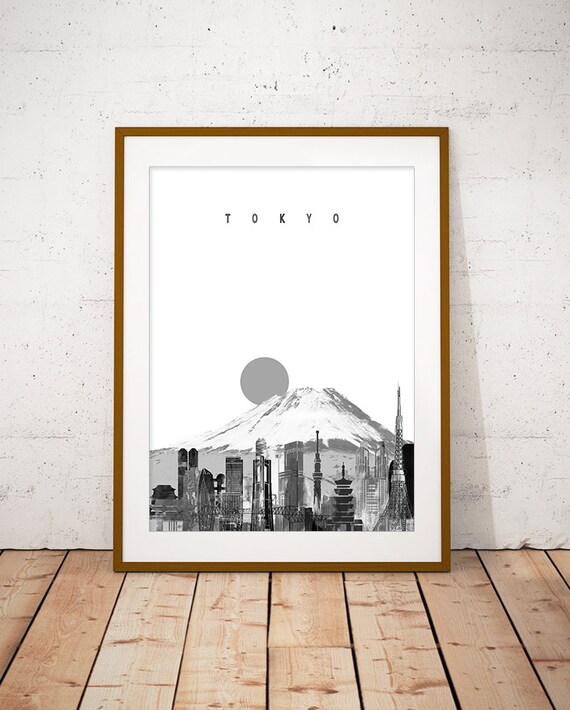Tokyo Monochrome Skyline Mt Fuji Sun Modern Home Decor Poster