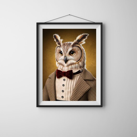 Distinguished Owl Wall Art Print In Vintage Suit And Bow Tie Animal Portrait Poster For Home Or Office Decor