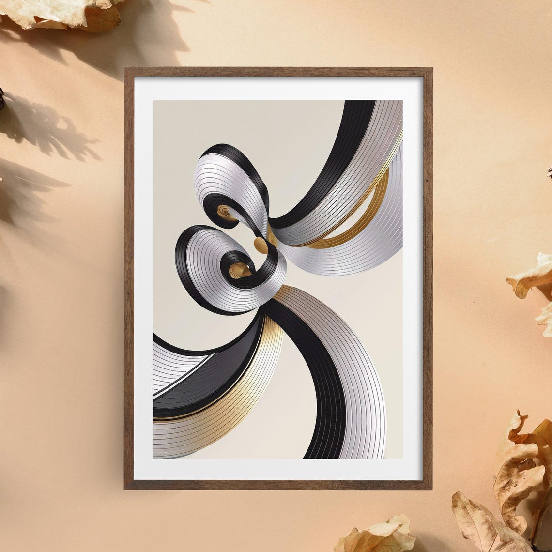 Black Gold Silver Twisted Ribbon Swirls 3D Abstract Art Poster
