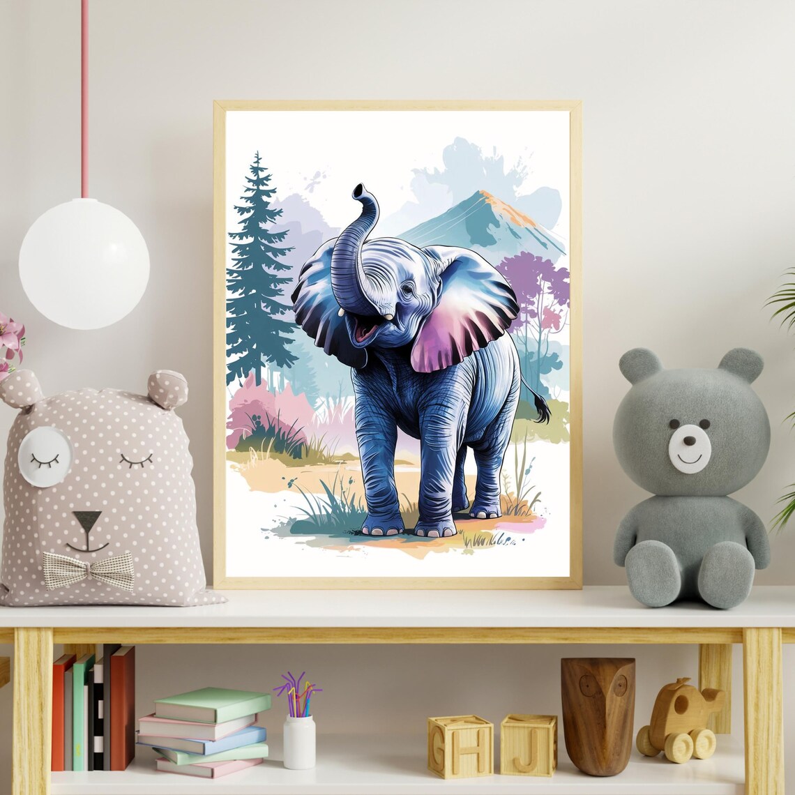 Blue Baby Elephant Safari Print Cute Watercolor Jungle Nursery Decor