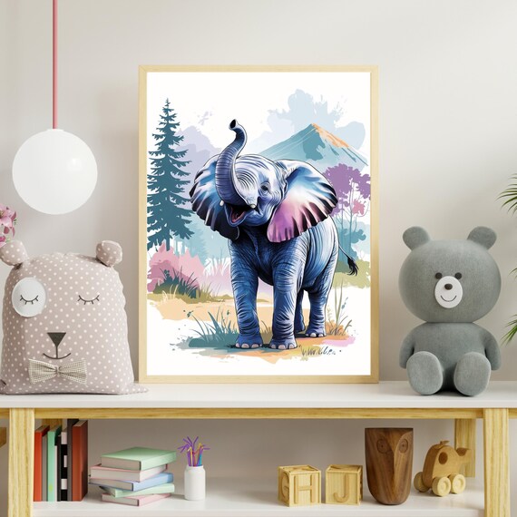 Blue Baby Elephant Safari Print Cute Watercolor Jungle Nursery Decor