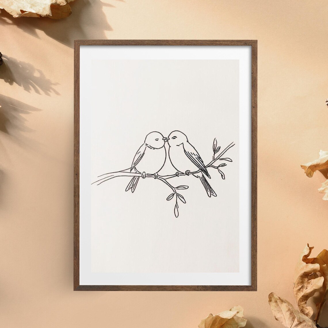 Minimalist Love Birds Line Art Print Kissing Birds on Branch Decor