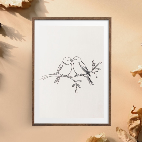 Minimalist Love Birds Line Art Print Kissing Birds on Branch Decor