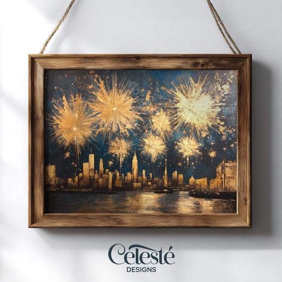 Nyc Skyline Art Gold Fireworks Manhattan Night
