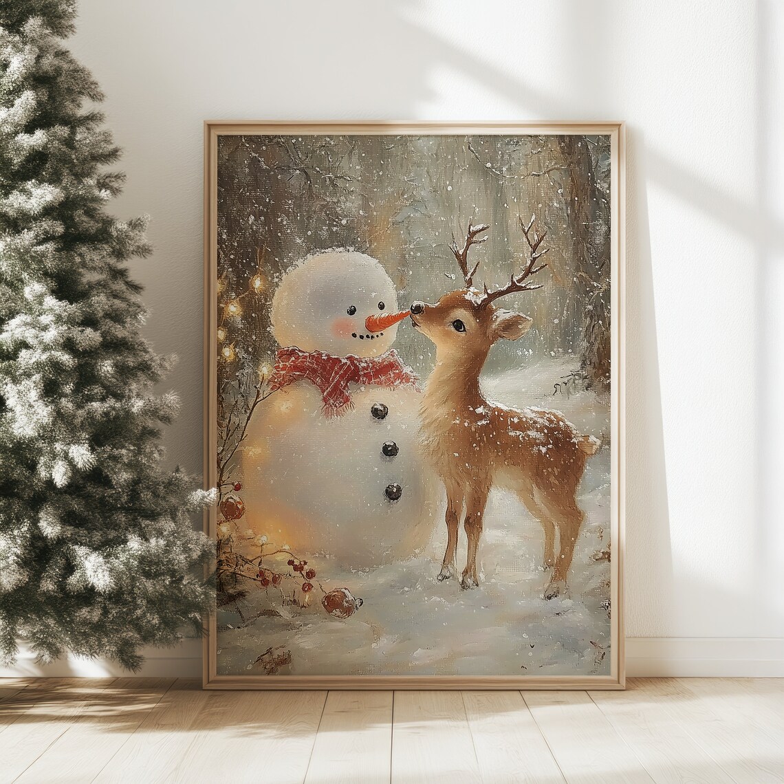 Snowman And Deer Sweet Winter Moment Snowy Forest Holiday Poster