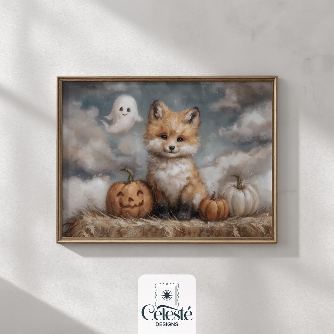 Baby Fox with Pumpkins Friendly Ghost Cute Halloween Nursery Poster