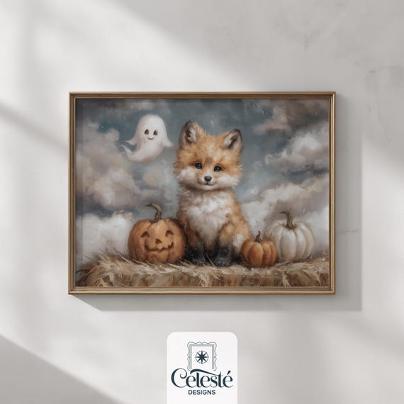 Halloween Fox Print Pumpkins Fall Nursery Art