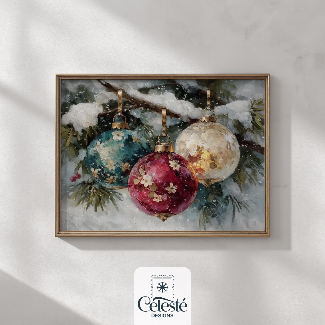 Vintage Christmas Baubles On Snowy Pine Branch Oil Painting Wall Art