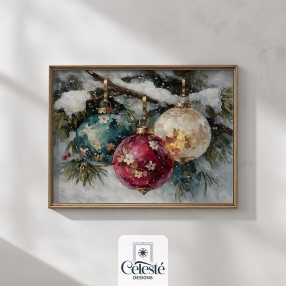 Vintage Christmas Baubles On Snowy Pine Branch Oil Painting Wall Art