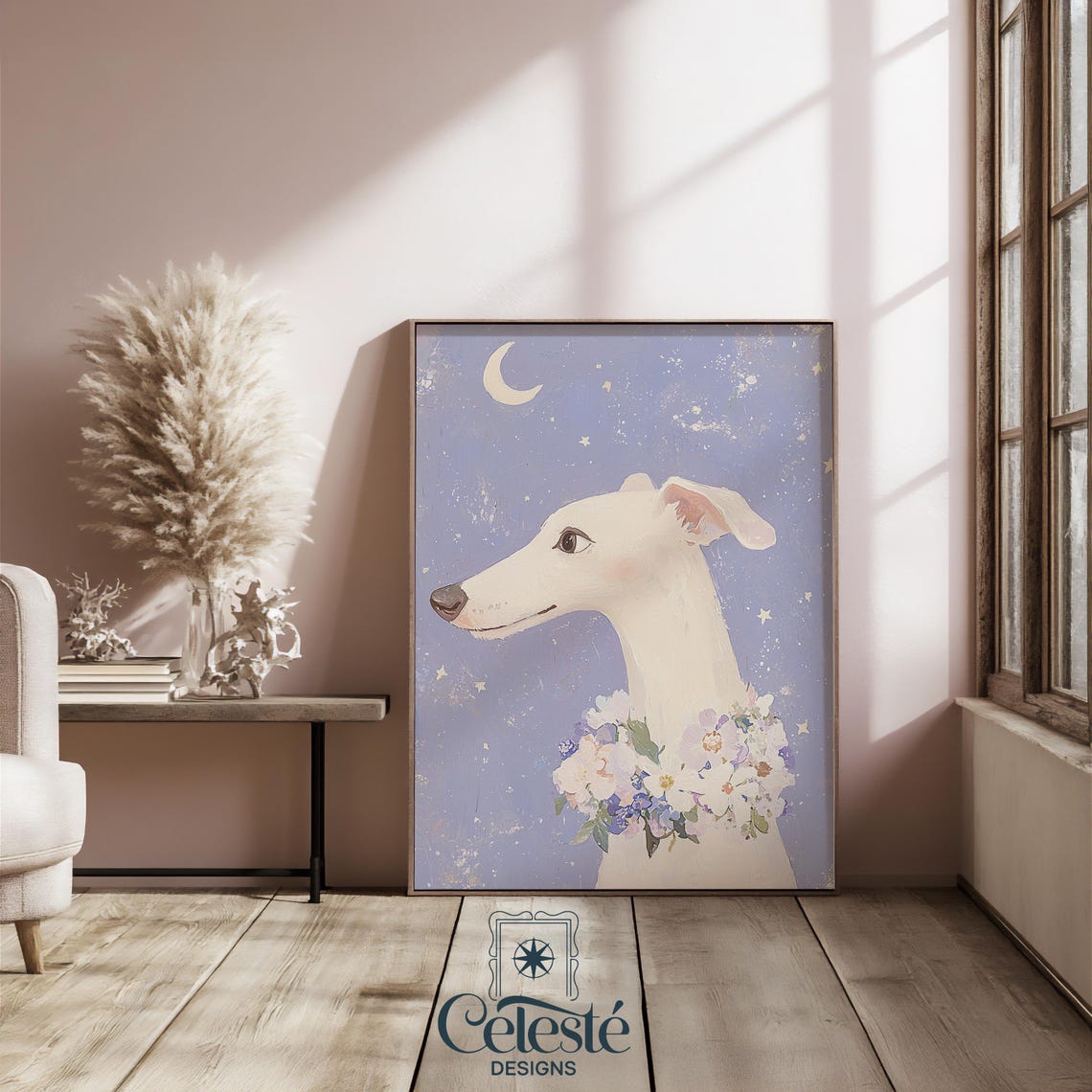 White Greyhound Profile Moonlit Stars Floral Collar Whimsical Dog Poster