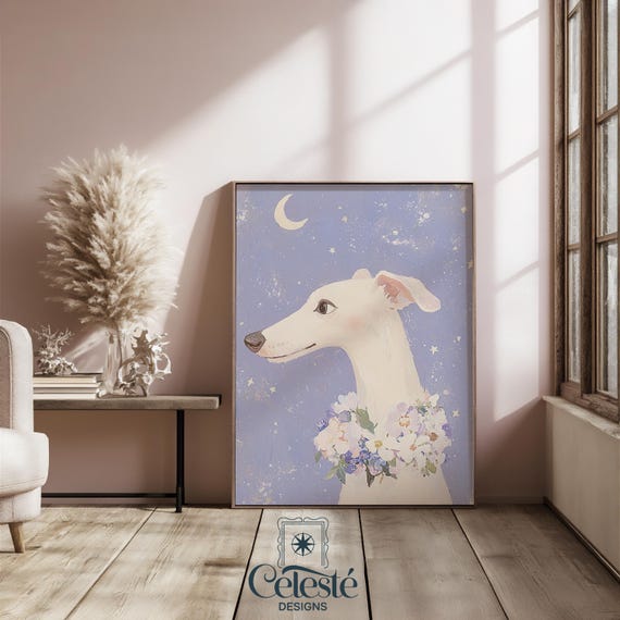 Whimsical Greyhound Print Floral Dog Moon Stars