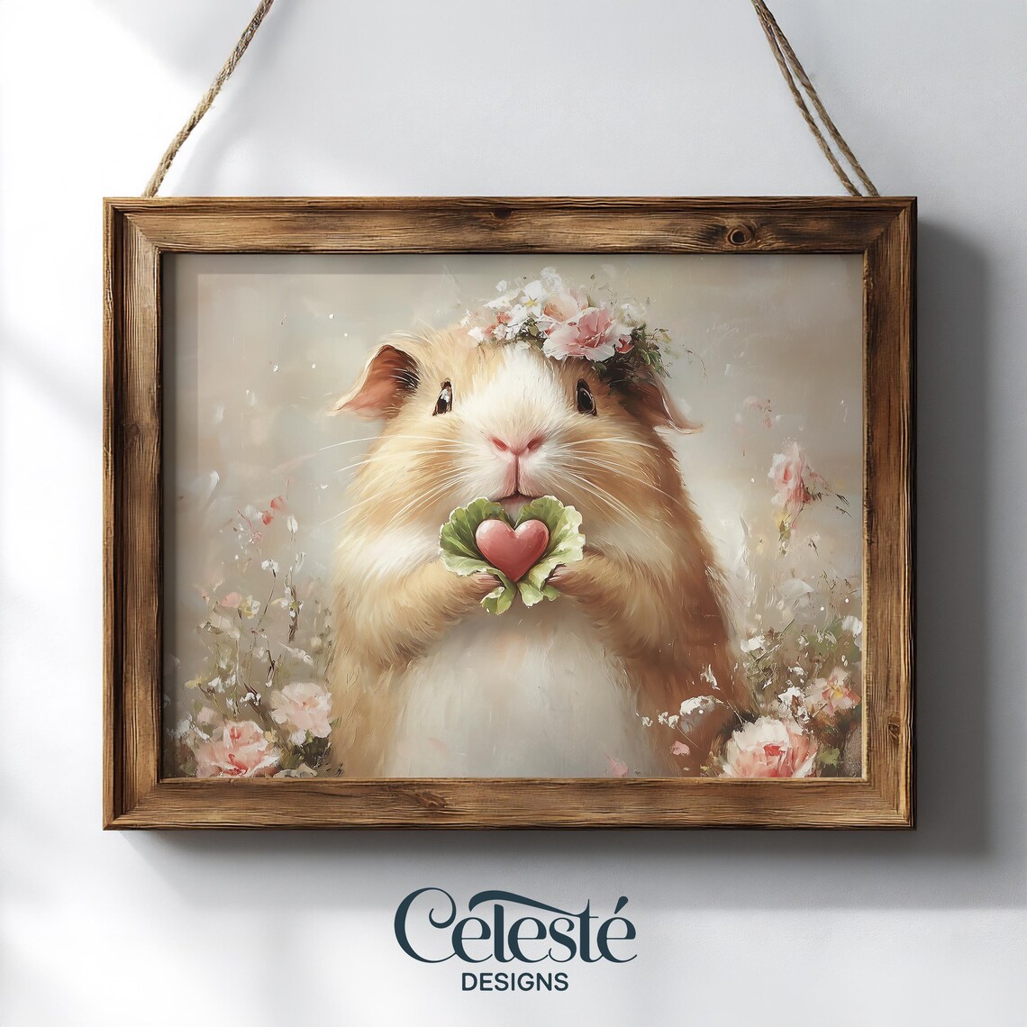 Guinea Pig With Flower Crown Holding Pink Heart Floral Art Print