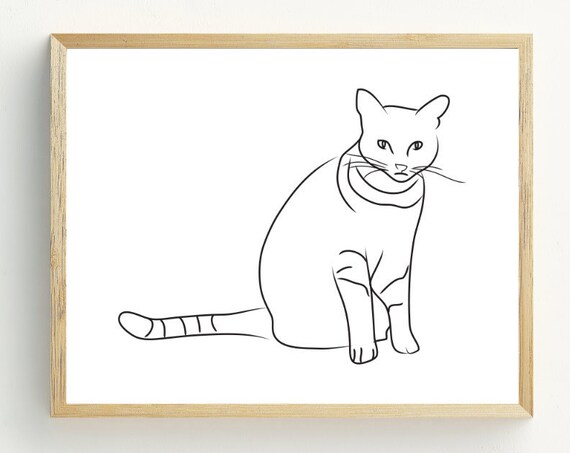 Black And White Cat Line Art Minimalist Sitting Cat Wall Art Print