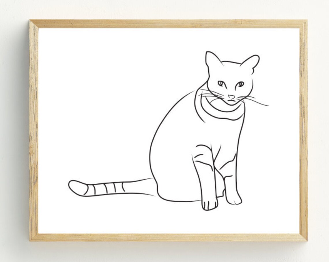 Black And White Cat Line Art Minimalist Sitting Cat Wall Art Print