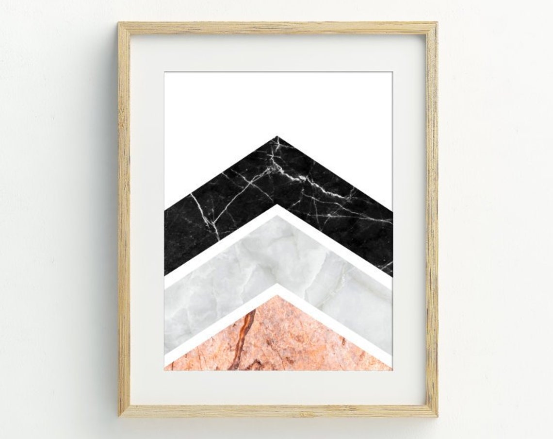 Black White Blush Marble Chevron Geometric Modern Wall Art Print