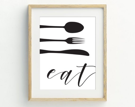 Eat Print Kitchen Wall Art, Minimalist Cutlery