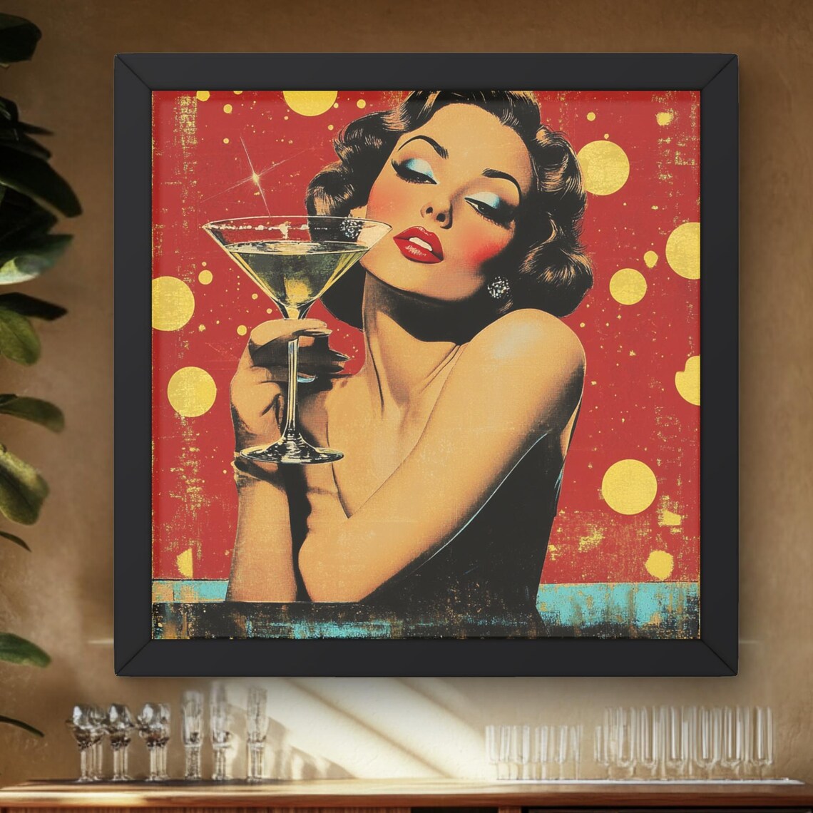Retro Glam Woman Martini Vintage Red Cocktail Pop Lounge Poster