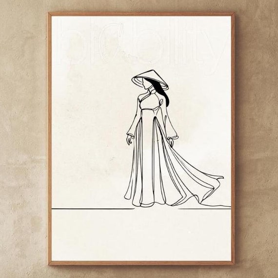 Vietnamese Ao Dai Continuous Line Drawing Vertical Poster Black And White Disney Princess Gowns Vietnam Traditional Dress Decor Gift Nn L
