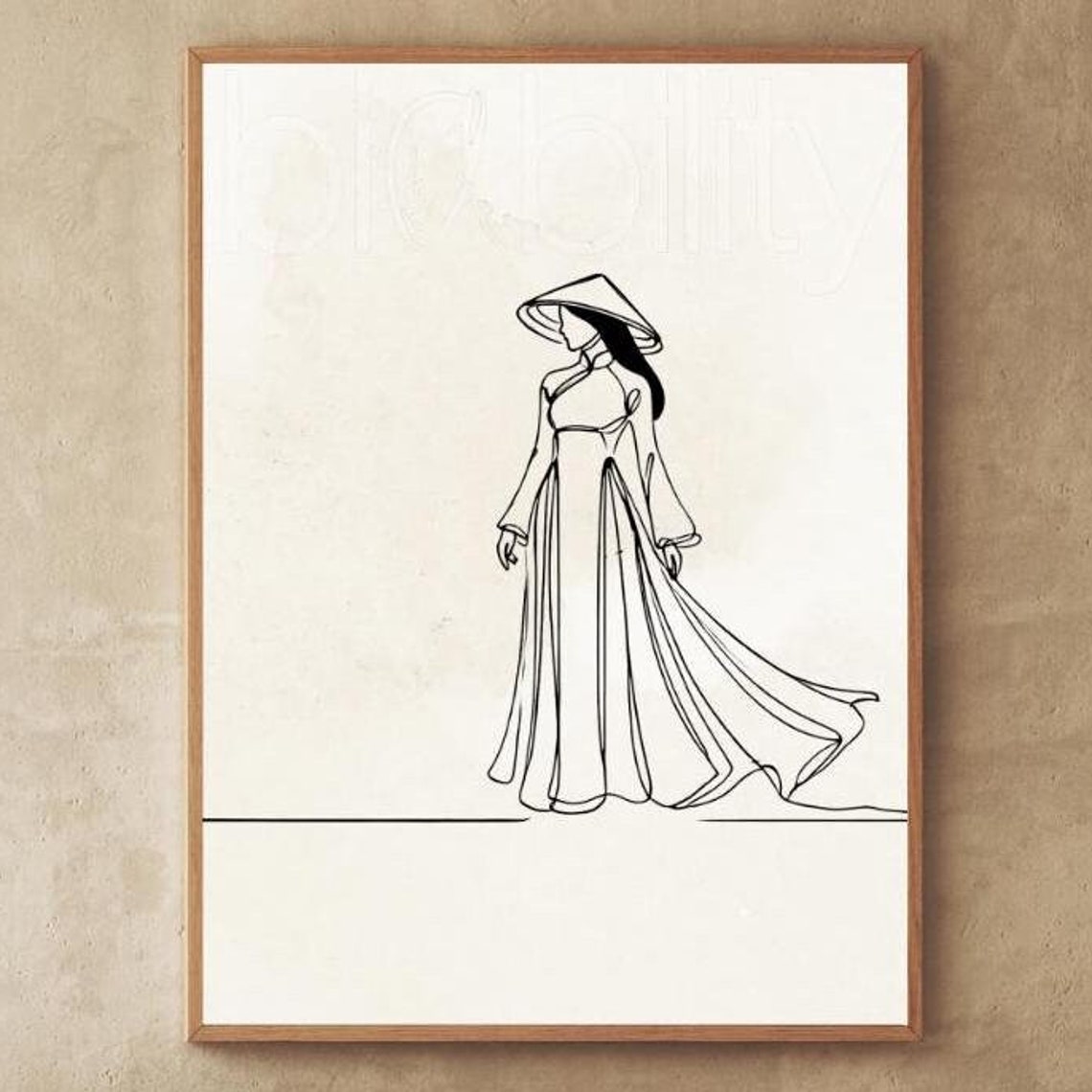 Vietnamese Ao Dai Conical Hat Continuous Line Drawing Poster