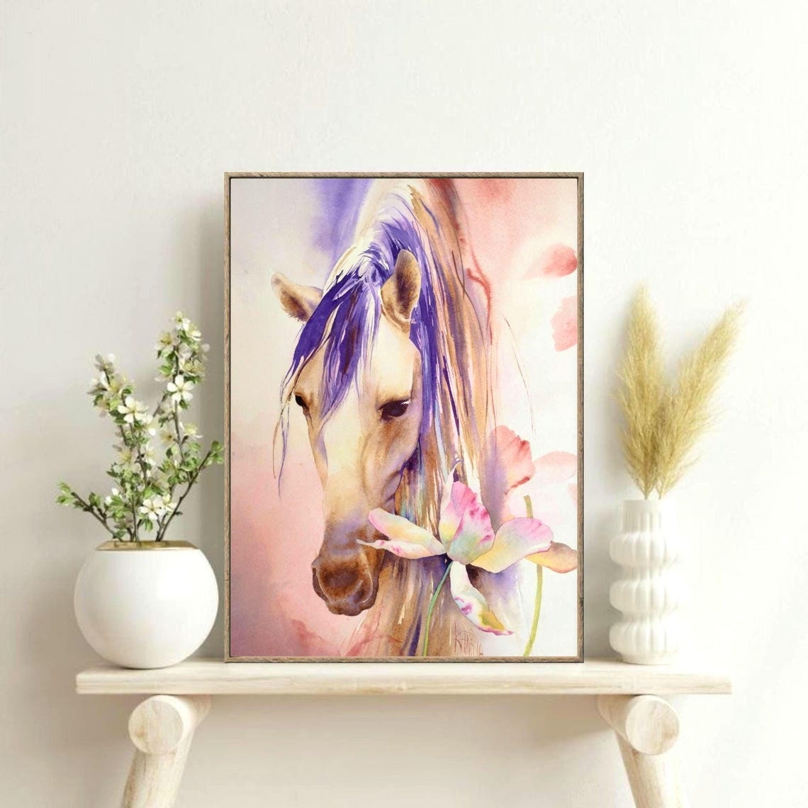 When You Came To Meet Me Original Watercolor Pink Flower Horse Painting Equine Portrait Art Print Handmade Wall Art