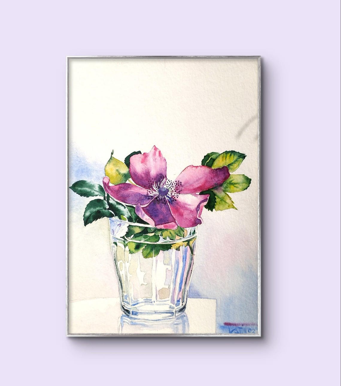 Bright Painting Of A Purple And Pink Clematis Flower From The Garden Original Watercolor Bouquet In A Vase Handmade Floral Wall Art