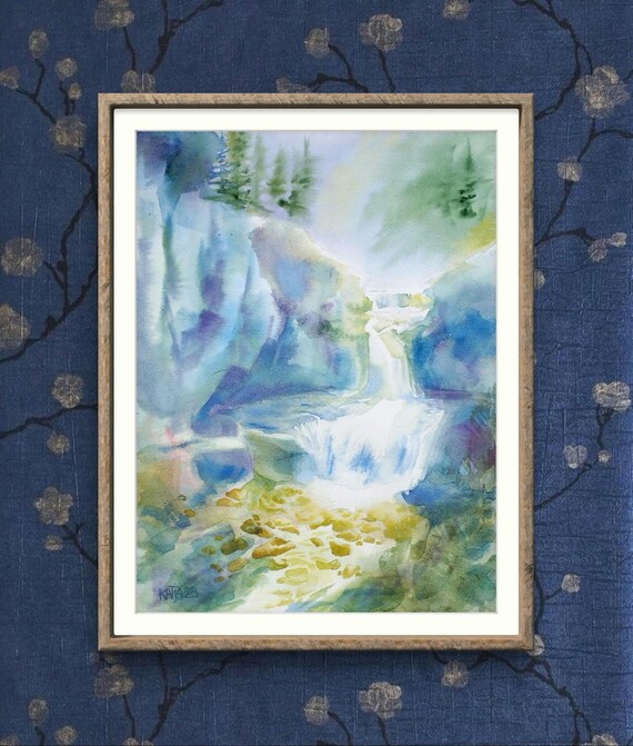Misty Blue Waterfall In A Mountain Forest Watercolor Nature Art Poster