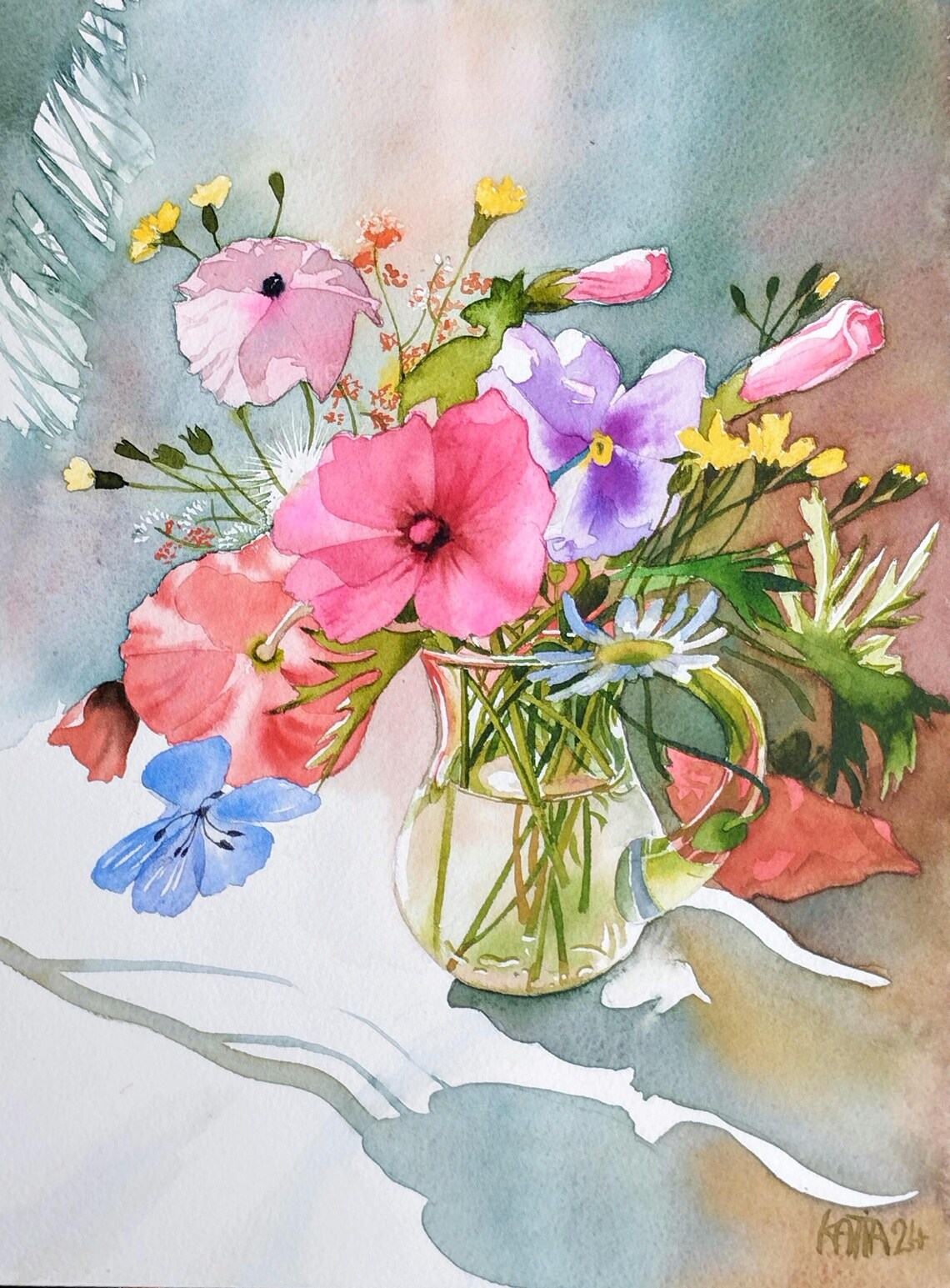 Wildflower Bouquet in a Glass Vase Watercolor Still Life Poster