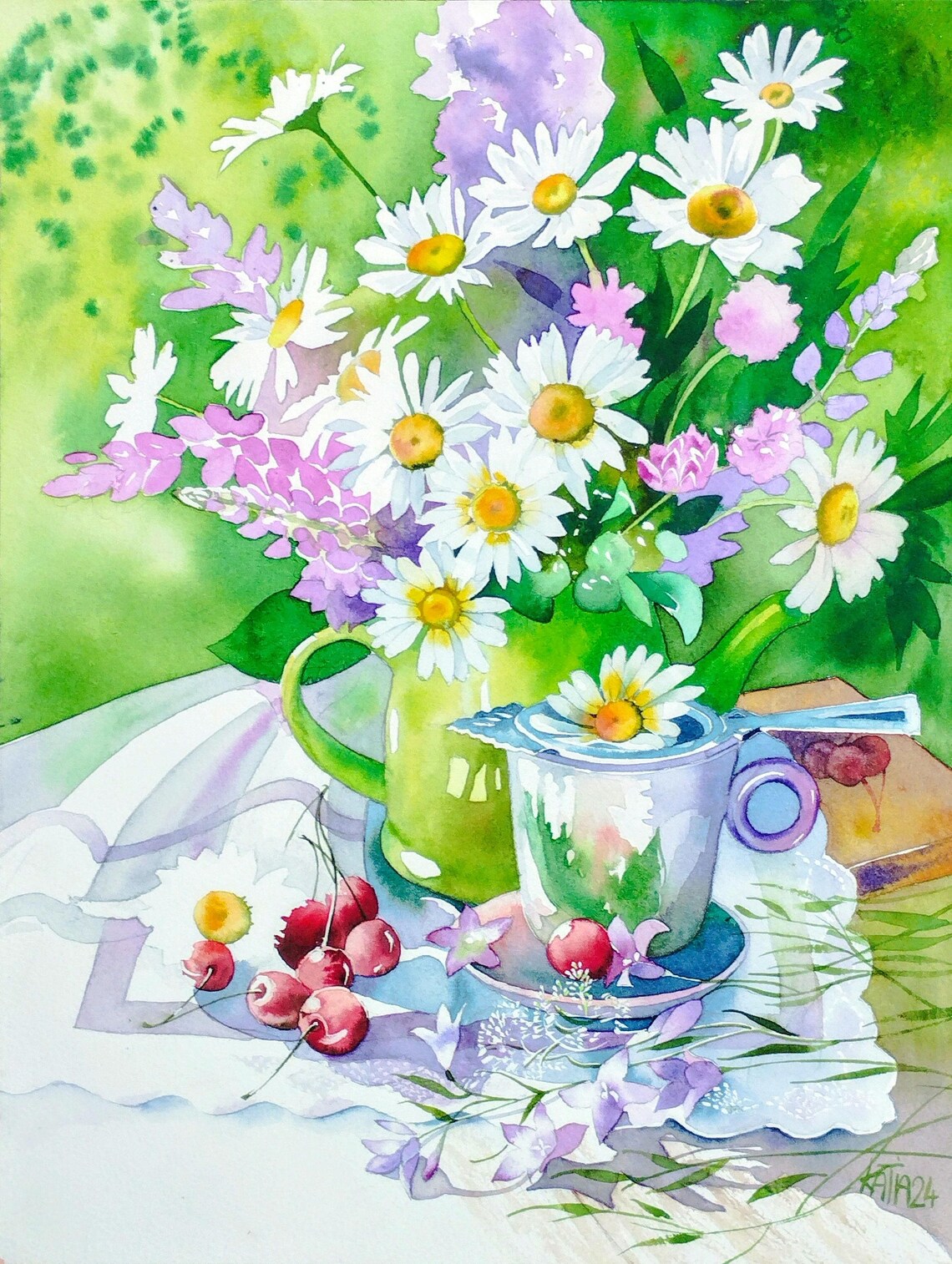 Daisy Painting Original Watercolor Painting Of Wildflowers In A Vase Tea Time English Garden Wall Art Handmade