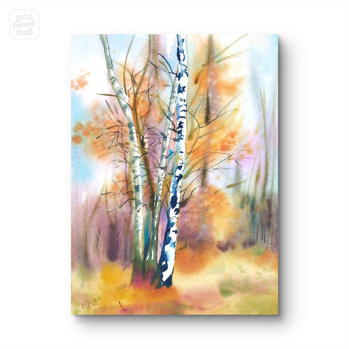 White Birch Trees in Golden Autumn Watercolor Fall Forest Landscape Poster