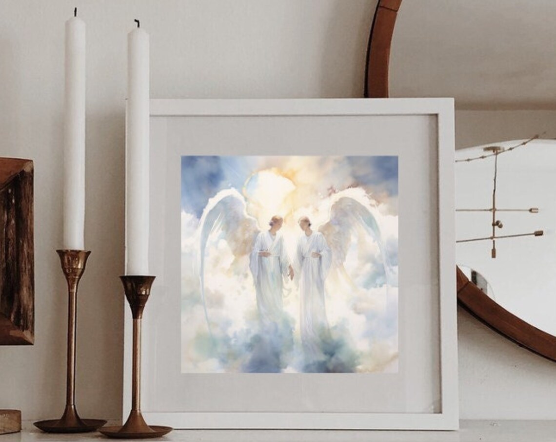 Two Angels In Clouds Watercolor Heavenly Spiritual Religious Art Print - Image 3