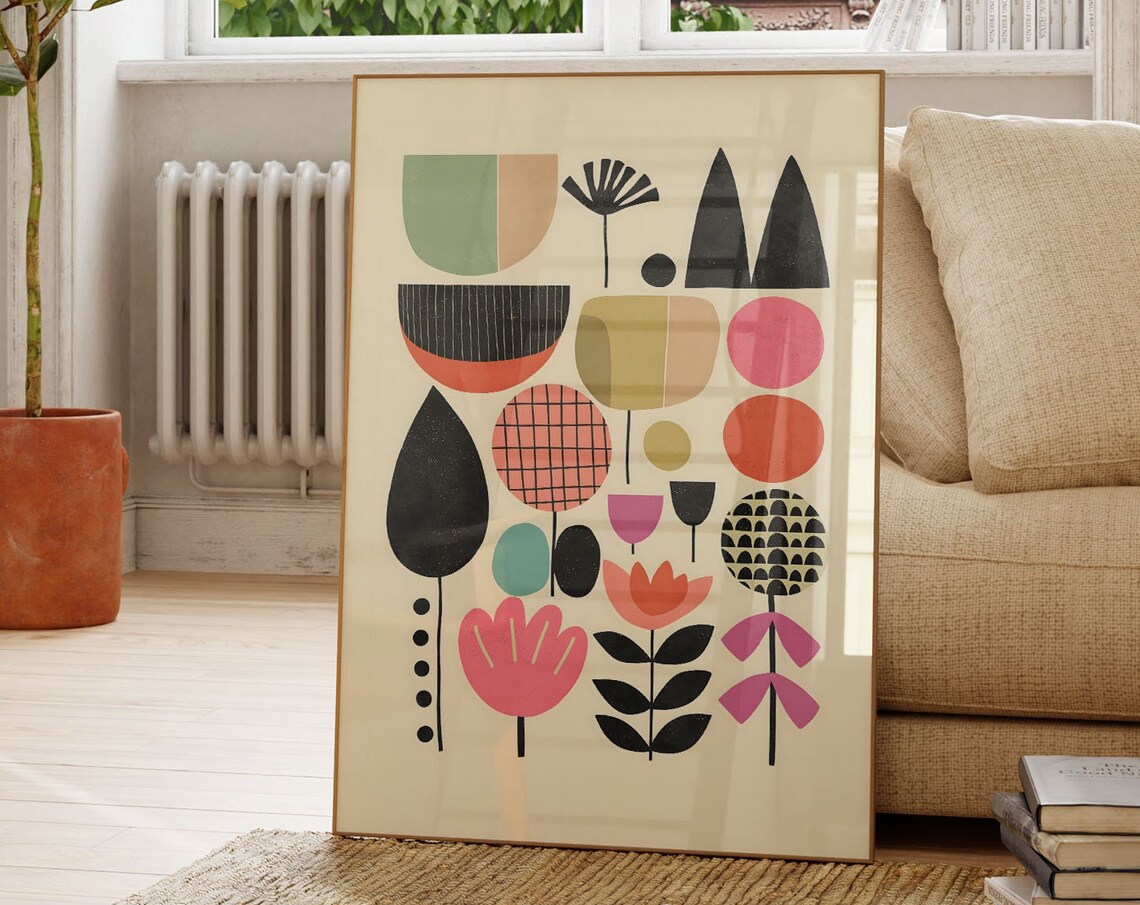 Geometric Floral Abstract Black Pink Green Orange Modern Art Poster