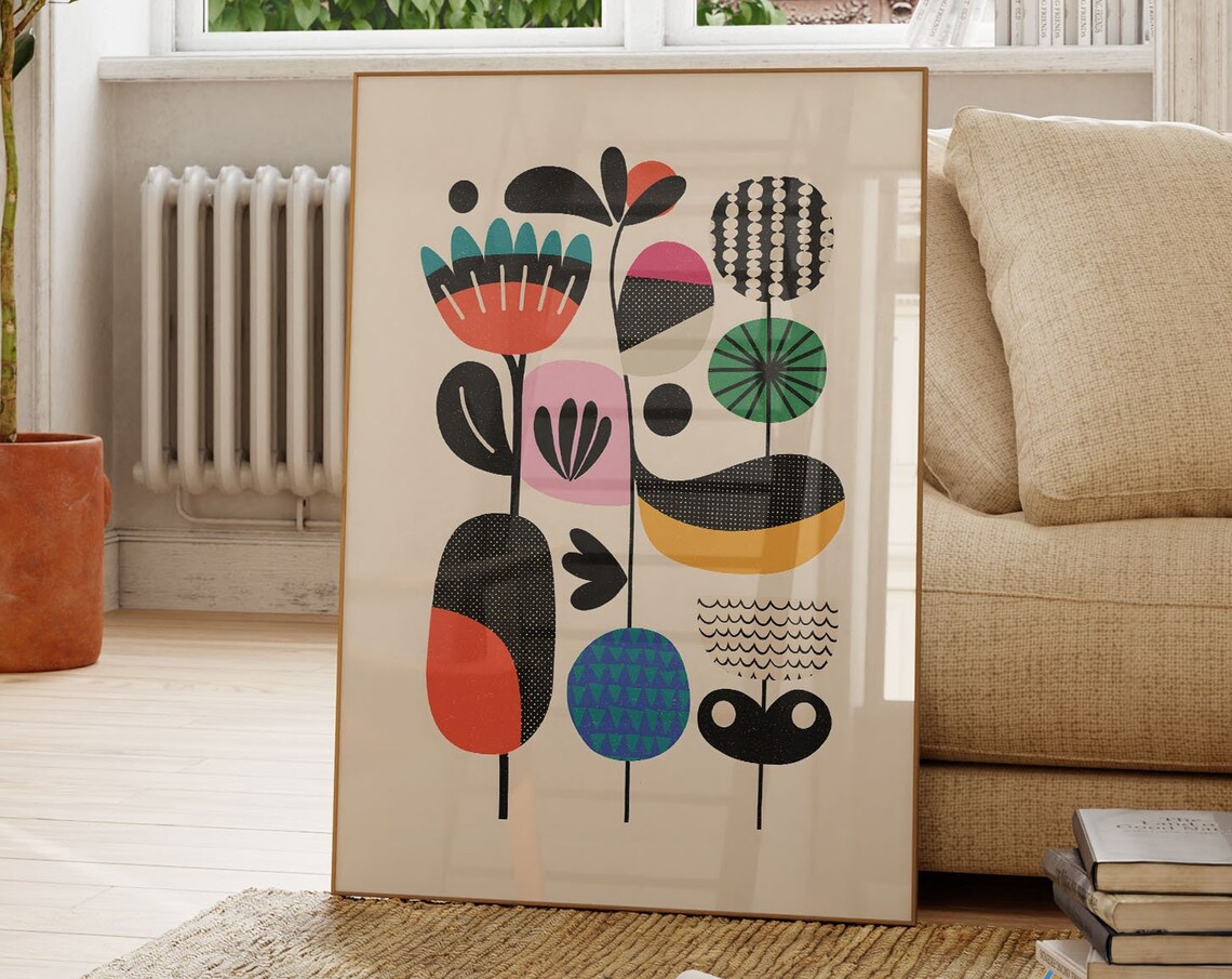 Mid Century Abstract Flowers Coral Teal Black Botanical Art Poster