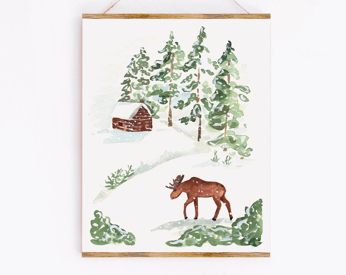 Winter Cottage Art Print, Canadian Moose Landscape