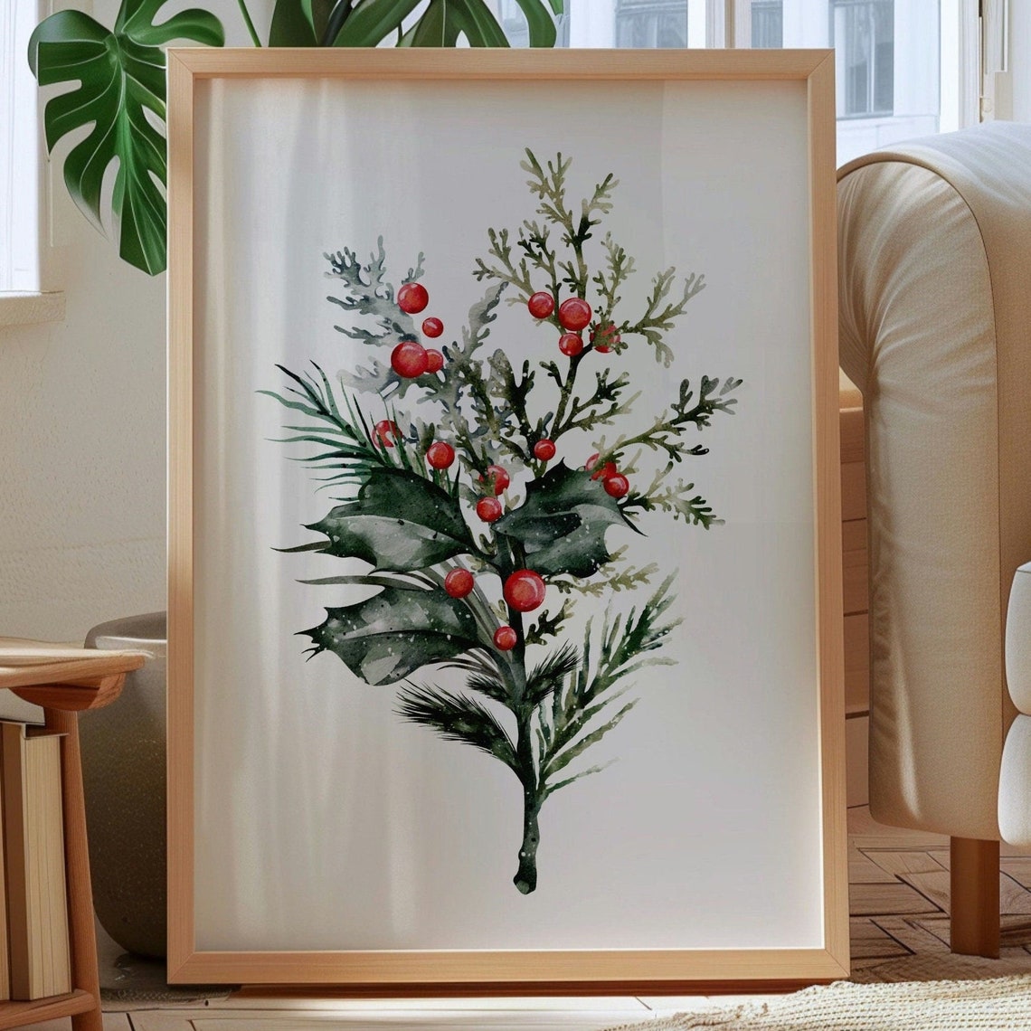 Watercolor Holly Cedar Sprig Red Berries Botanical Christmas Wall Art - Image 3