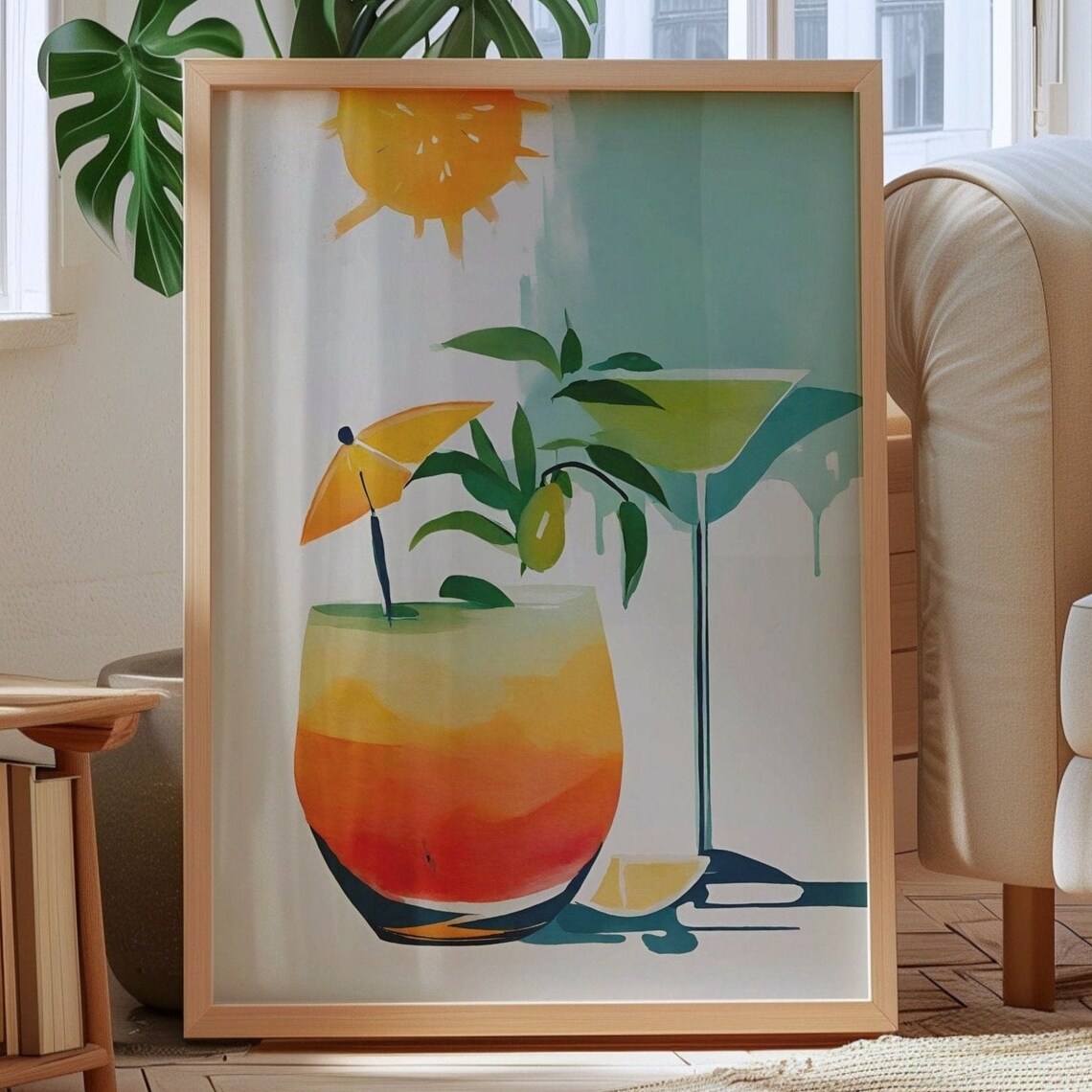 Retro Tropical Summer Cocktail Watercolor Sun Bar Cart Poster - Image 3